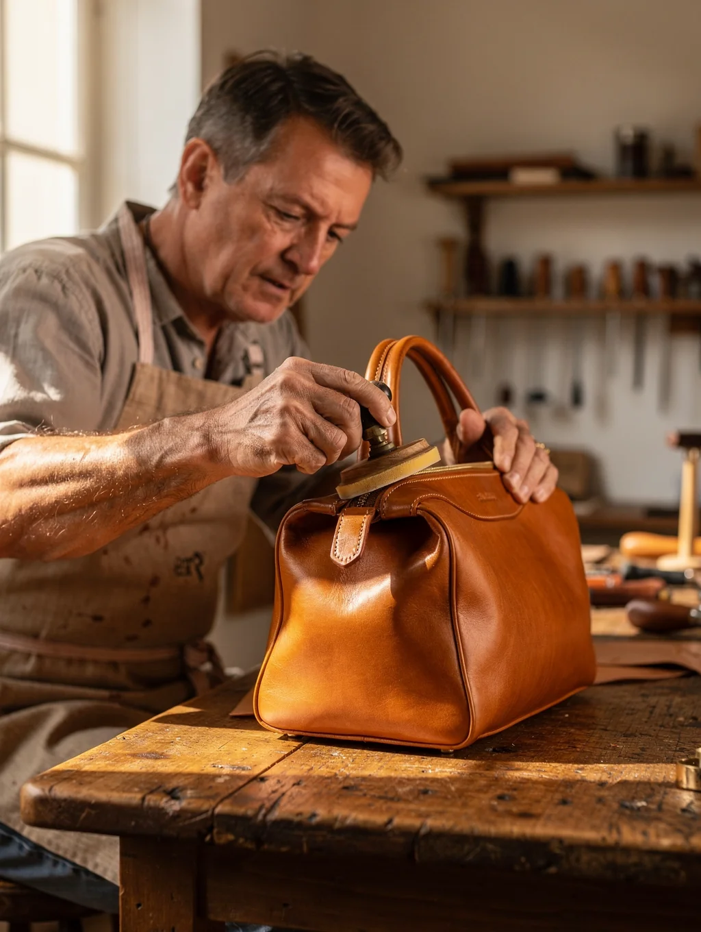 Master craftsman meticulously finishing the edge of an artisan luxury leather handbag