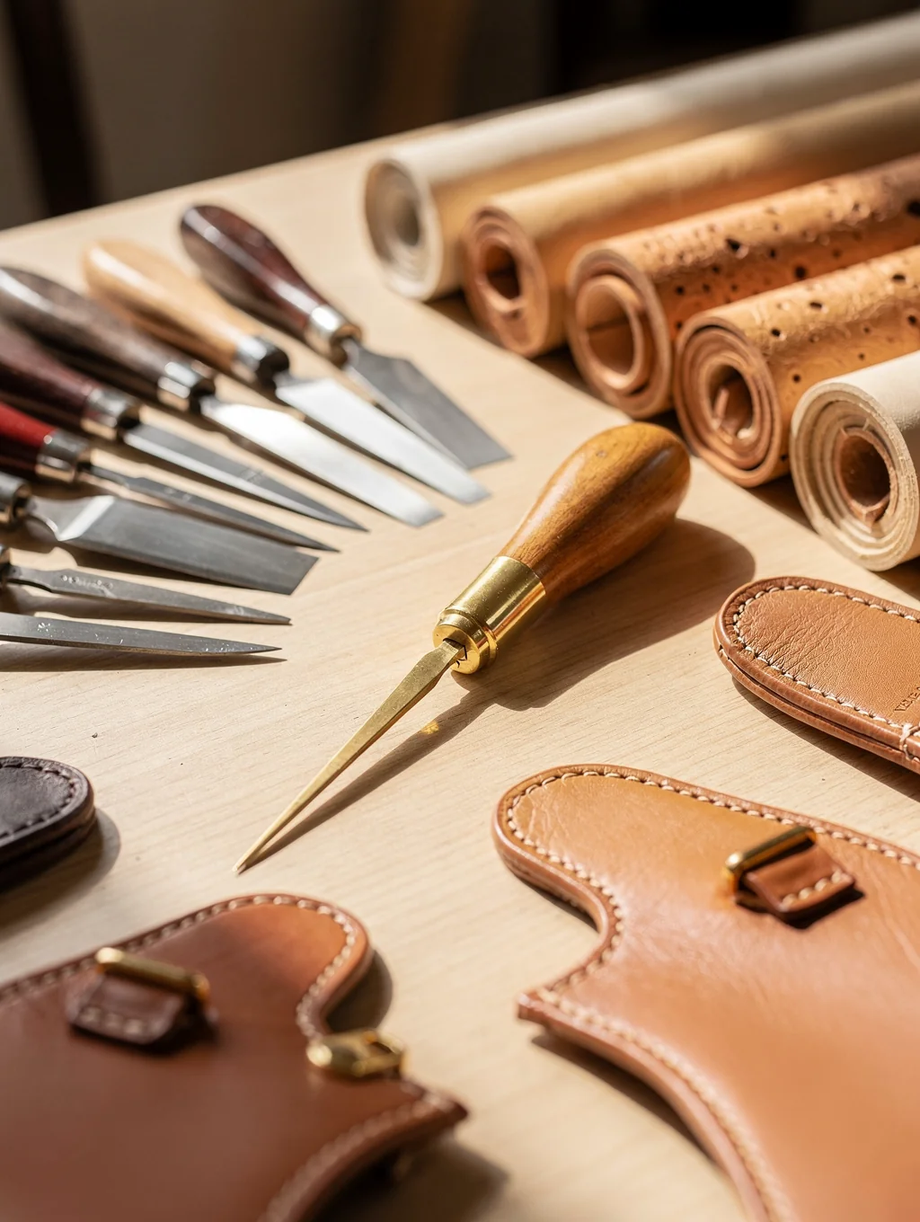 Leathercraft tools and materials inside the VELARA design studio